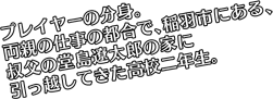 プレイヤーの分身。両親の仕事の都合で、稲羽市にある、叔父の堂島遼太郎の家に引っ越してきた高校二年生。